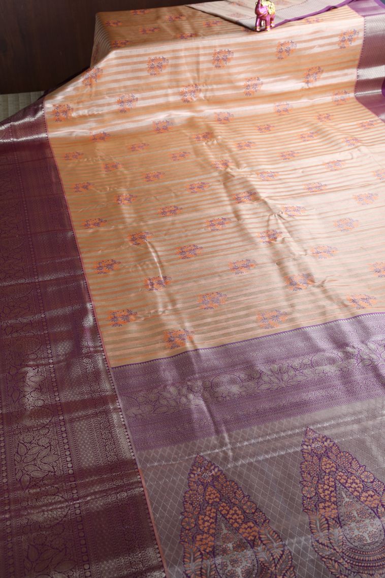 Carrot Orange Apoorva Silk Sarees with Copper Zari Floral Patterns view 2