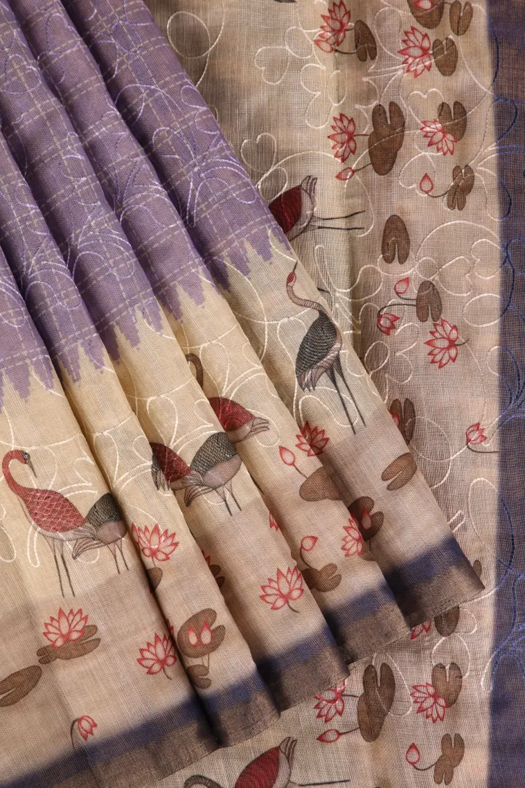 Periwinkle Purple Linen Saree Without Zari With Embroidary