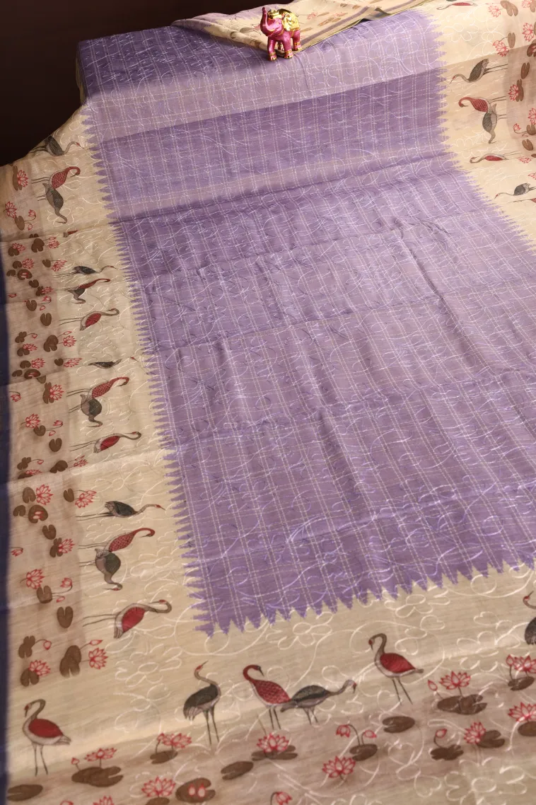 Periwinkle Purple Linen Saree Without Zari With Embroidary view 2