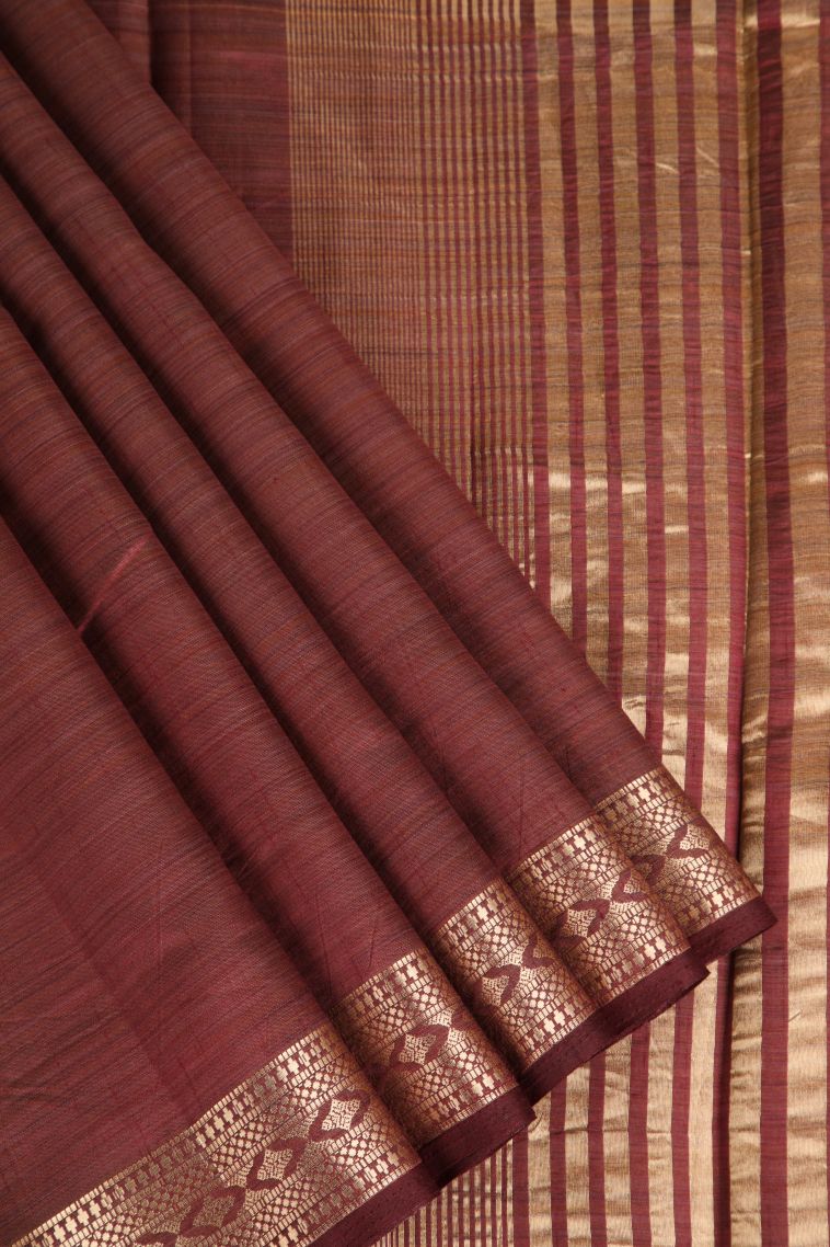 Cinnamon Brown Raw Silk Sarees Gold Zari with Plain