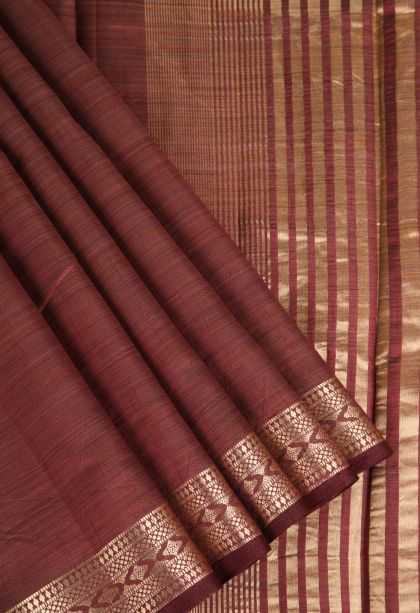Cinnamon Brown Raw Silk Sarees Gold Zari with Plain