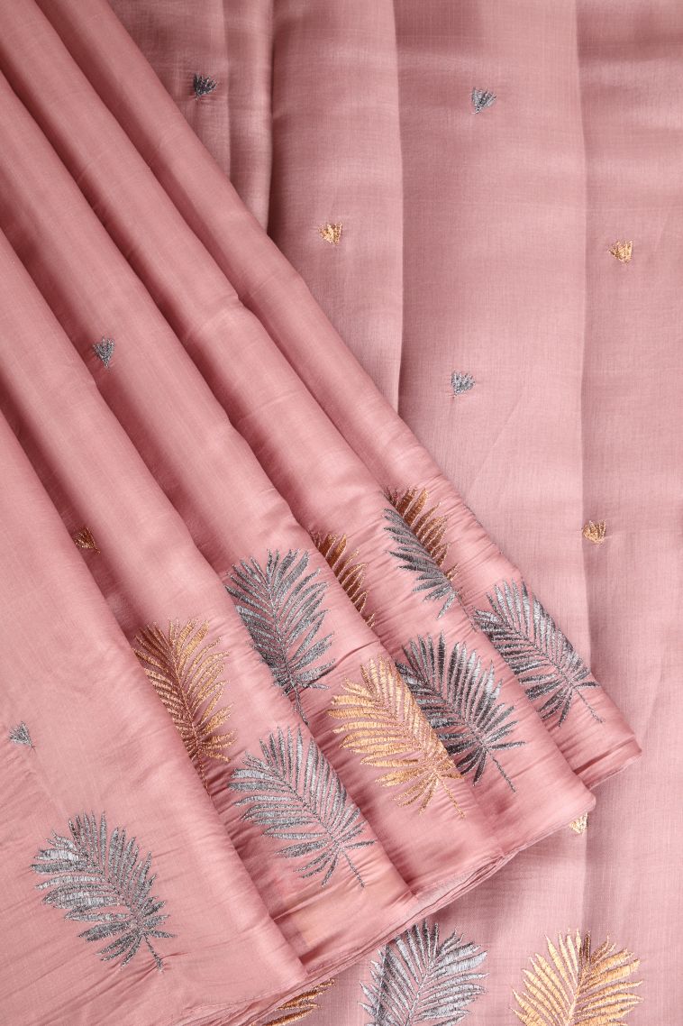 Salmon Pink Raw Silk Sarees Without Zari with Floral Puttas Embroidary view 1