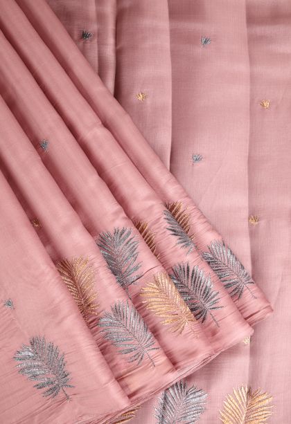 Salmon Pink Raw Silk Sarees Without Zari with Floral Puttas Embroidary