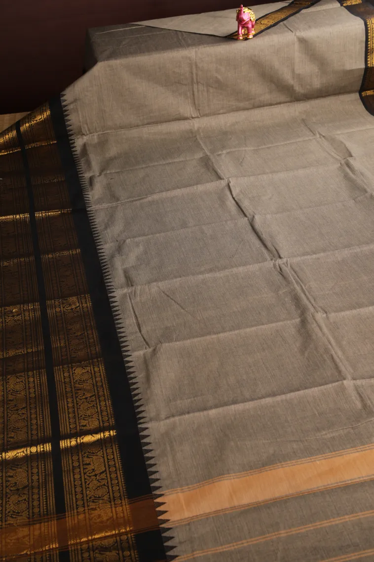 Gray Black Chettinad Cotton Sarees with Gold Zari Plain view 2