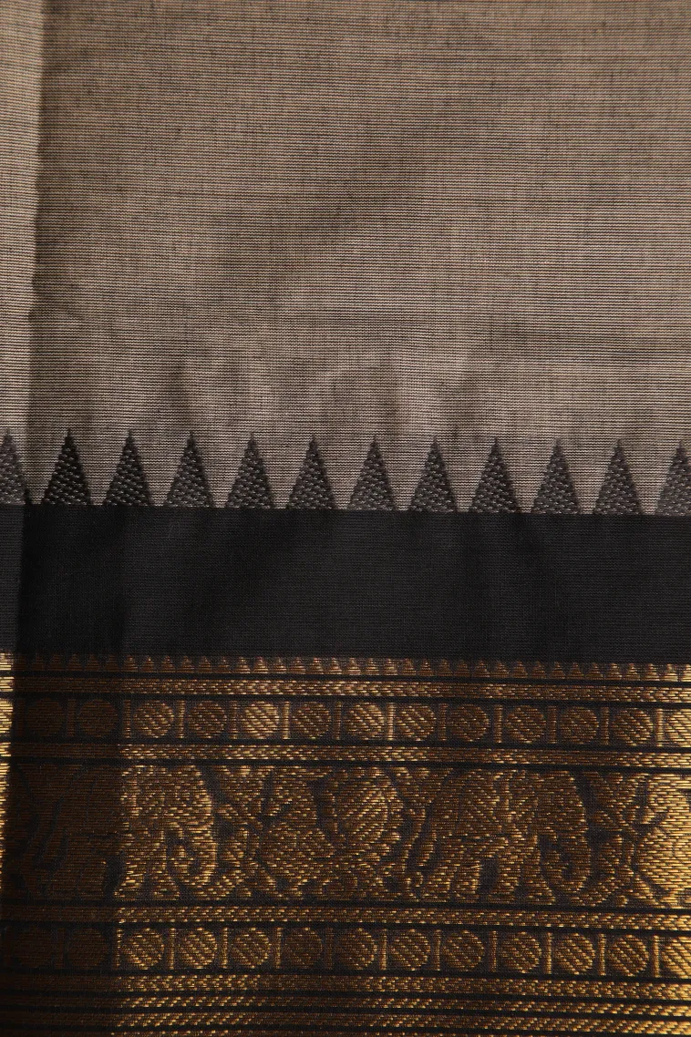 Gray Black Chettinad Cotton Sarees with Gold Zari Plain view 3