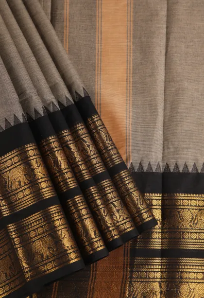 Gray Black Chettinad Cotton Sarees with Gold Zari Plain