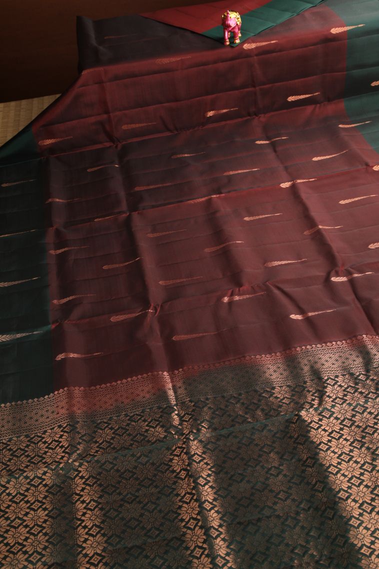 Mahome Red Soft Silk Saree Copper Zari with Floral Puttas view 2