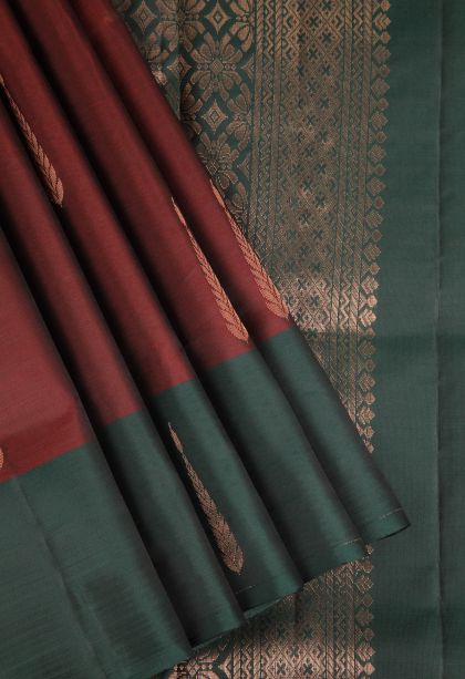 Mahome Red Soft Silk Saree Copper Zari with Floral Puttas