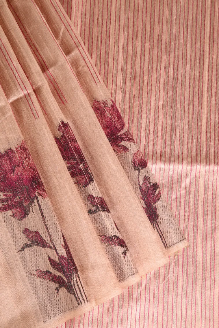 Salmon Pink Tussar Saree Without Zari With Stripes