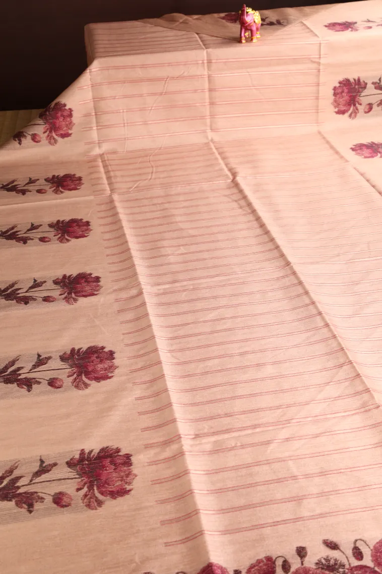 Salmon Pink Tussar Saree Without Zari With Stripes view 2