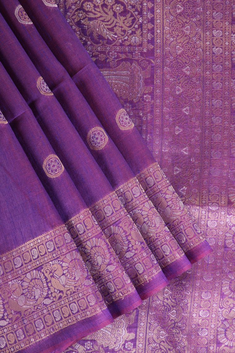 Magenta Purple Raw Silk Sarees with Gold And Silver Zari Puttas