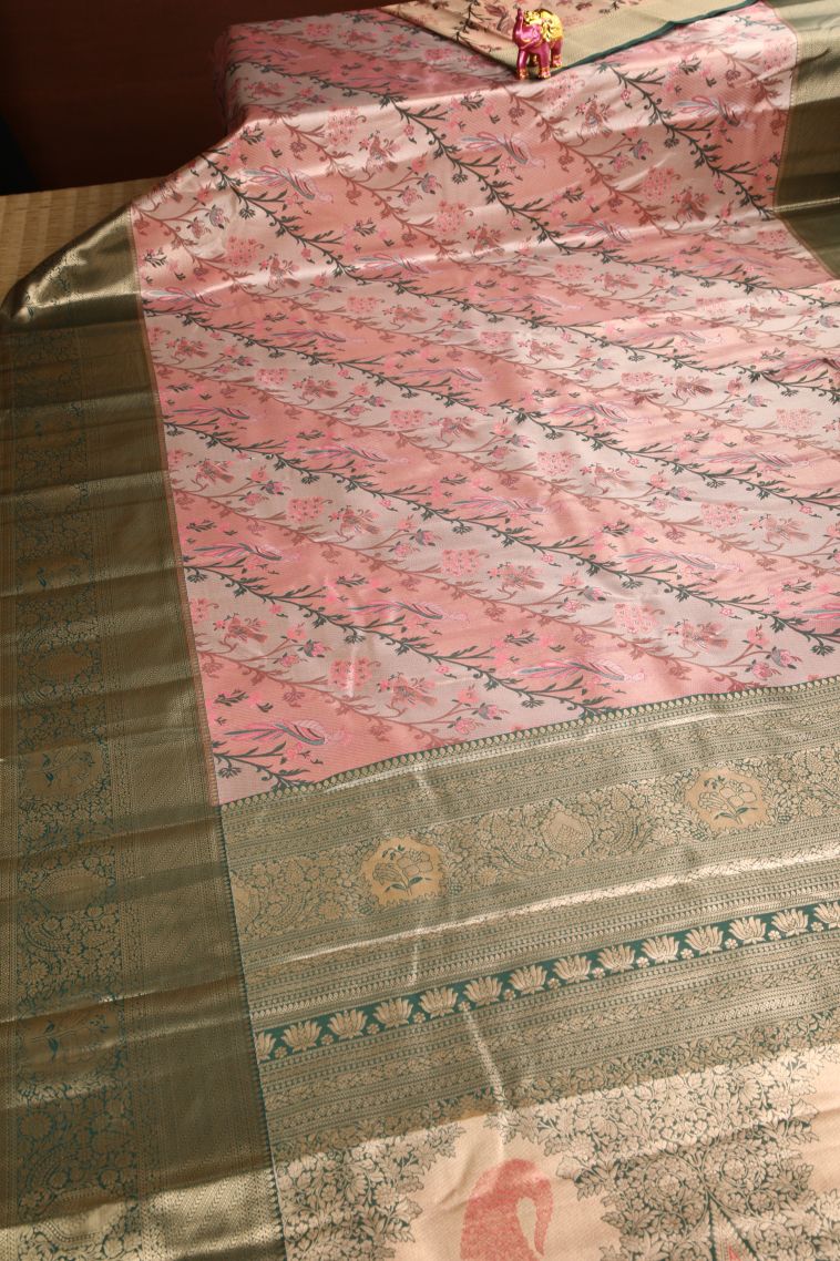Salmon Pink Apoorva Silk Sarees Gold And Silver Zari with Birds And Floral Pattern view 2