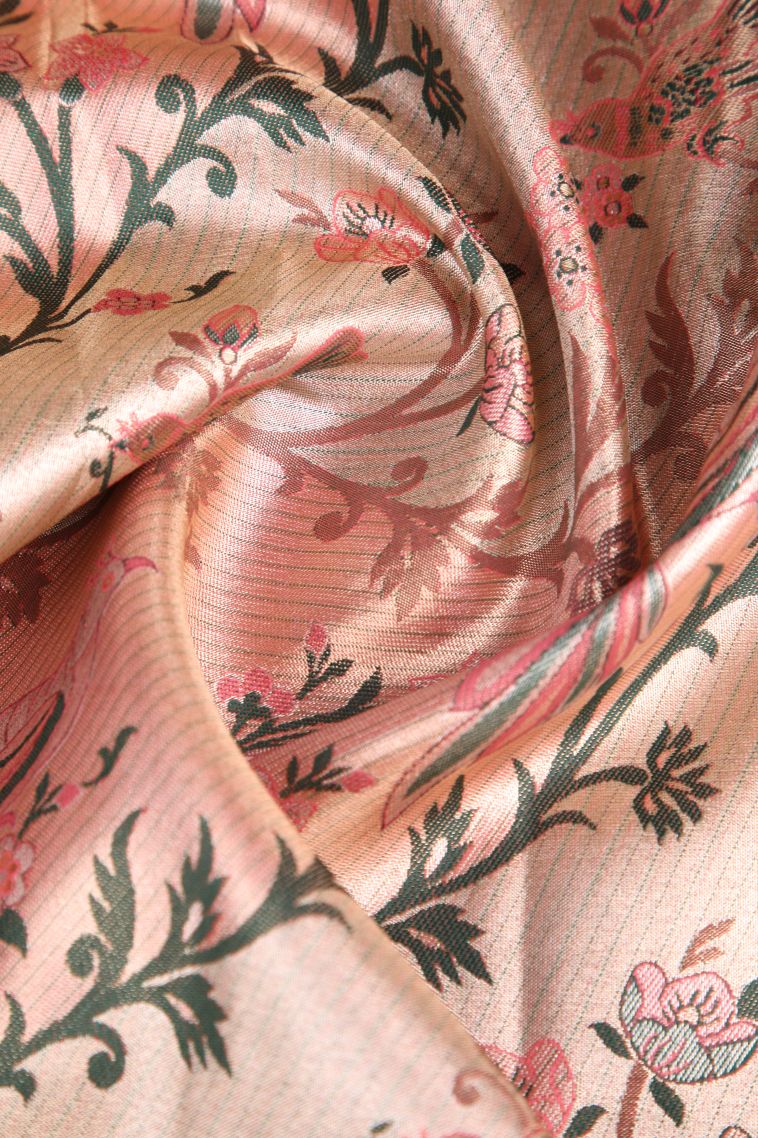 Salmon Pink Apoorva Silk Sarees Gold And Silver Zari with Birds And Floral Pattern view 4