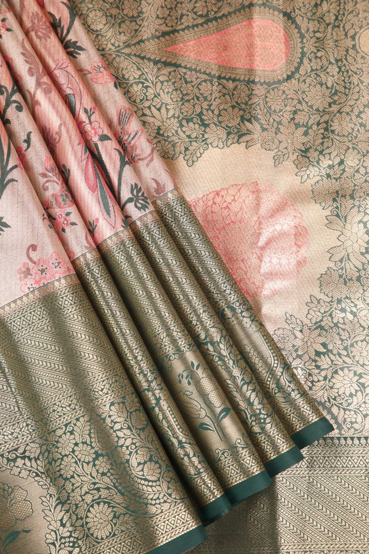 Salmon Pink Apoorva Silk Sarees Gold And Silver Zari with Birds And Floral Pattern view 1