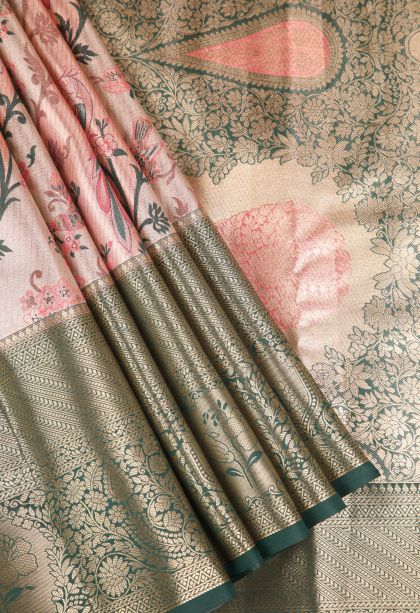 Salmon Pink Apoorva Silk Sarees Gold And Silver Zari with Birds And Floral Pattern