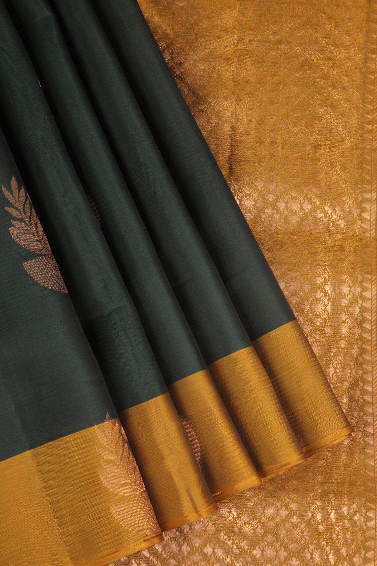 Bottle Green Soft Silk Saree Copper Zari with Floral Patterns view 1