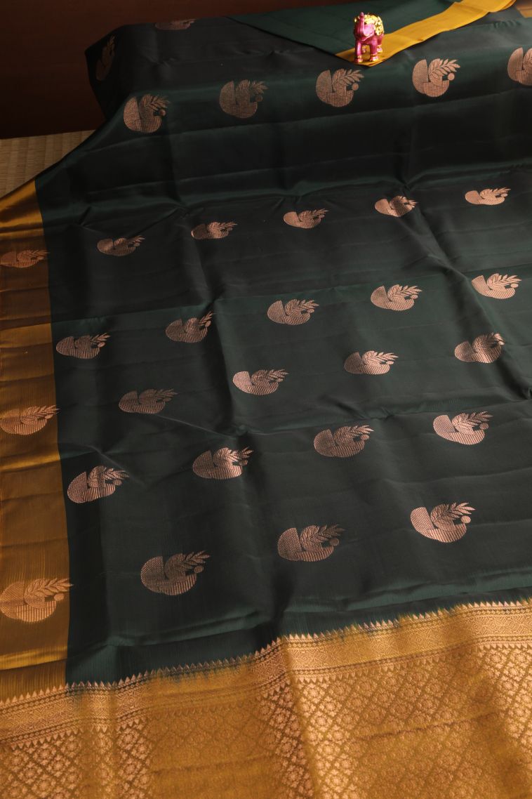 Bottle Green Soft Silk Saree Copper Zari with Floral Patterns view 2