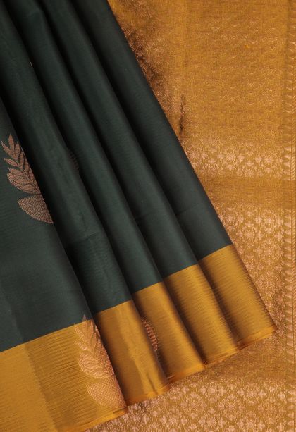 Bottle Green Soft Silk Saree Copper Zari with Floral Patterns