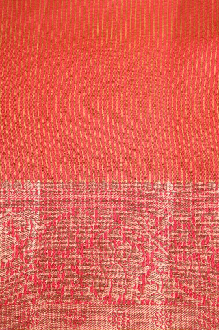 Strawberry Pink Raw Silk Sarees Gold Zari with Floral Puttas view 3