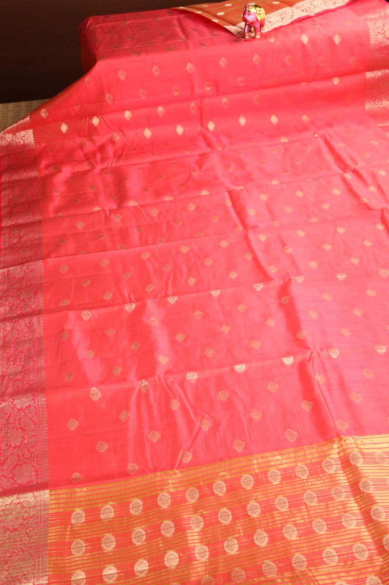 Strawberry Pink Raw Silk Sarees Gold Zari with Floral Puttas view 2