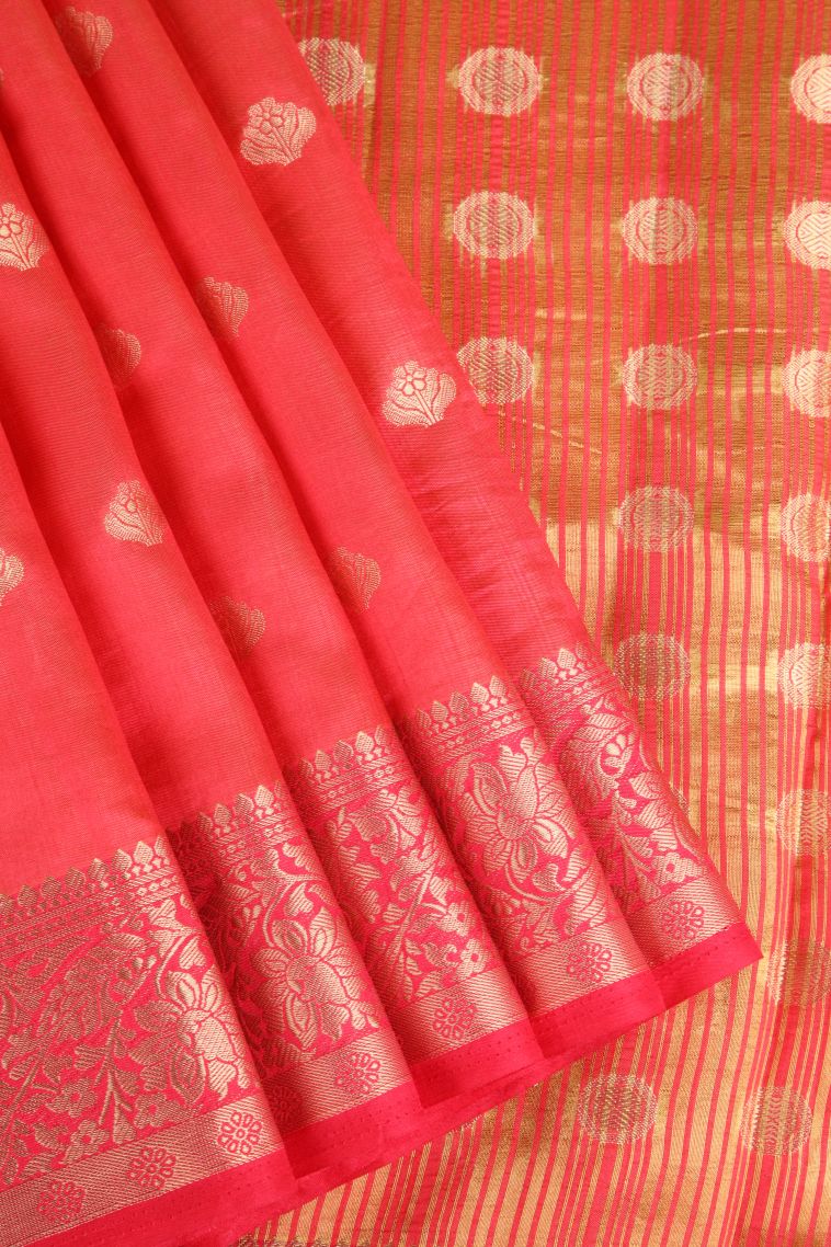 Strawberry Pink Raw Silk Sarees Gold Zari with Floral Puttas view 1