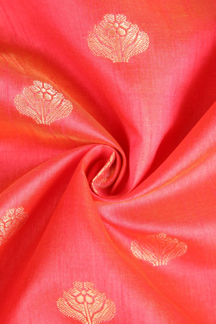 Strawberry Pink Raw Silk Sarees Gold Zari with Floral Puttas view 4