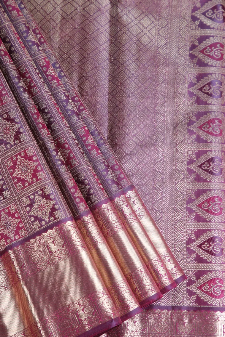 Plum Purple Kanchipuram Silk Sarees with Gold Zari Floral Patterns view 1