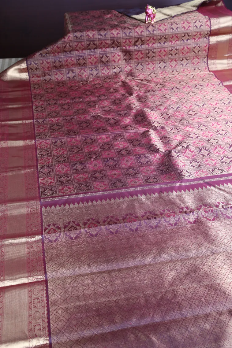 Plum Purple Kanchipuram Silk Sarees with Gold Zari Floral Patterns view 2