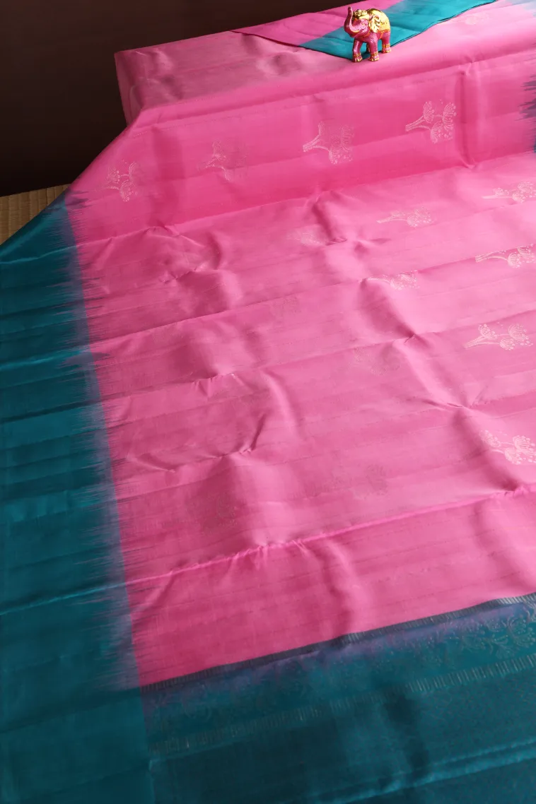 Bubblegum Pink Soft Silk Saree with Silver Zari Flower Mottif view 2