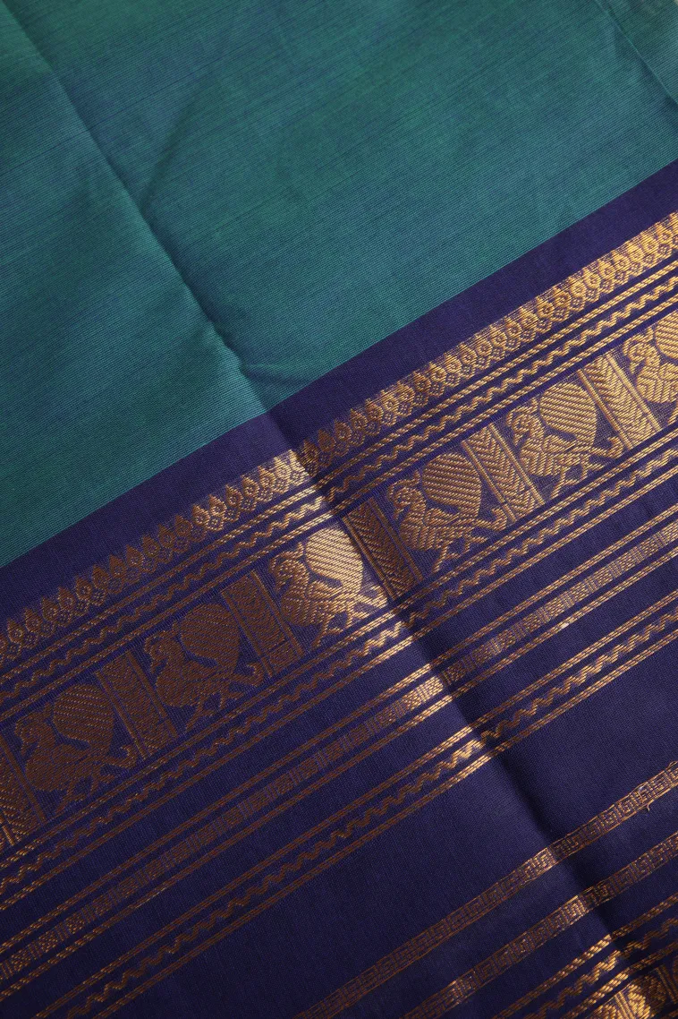 Cerulean Blue Chettinad Cotton Sarees with Gold Zari Plain view 3