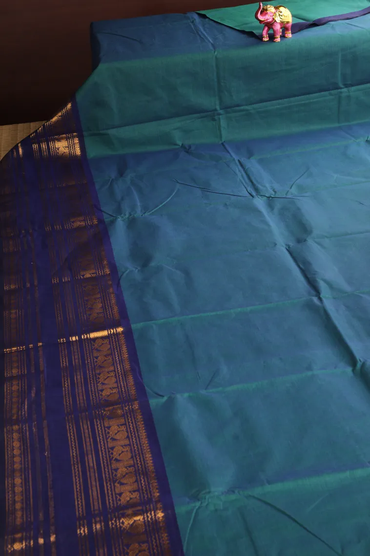 Cerulean Blue Chettinad Cotton Sarees with Gold Zari Plain view 2