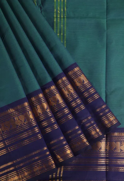 Cerulean Blue Chettinad Cotton Sarees with Gold Zari Plain