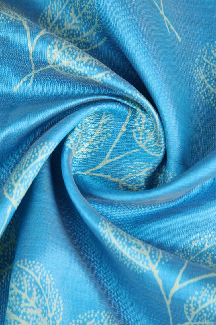Cerulean Blue Semi Raw Silk Printed Gold Zari with Leaf Pattern view 4