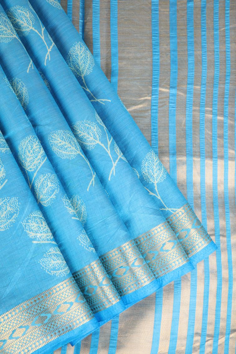 Cerulean Blue Semi Raw Silk Printed Gold Zari with Leaf Pattern view 1