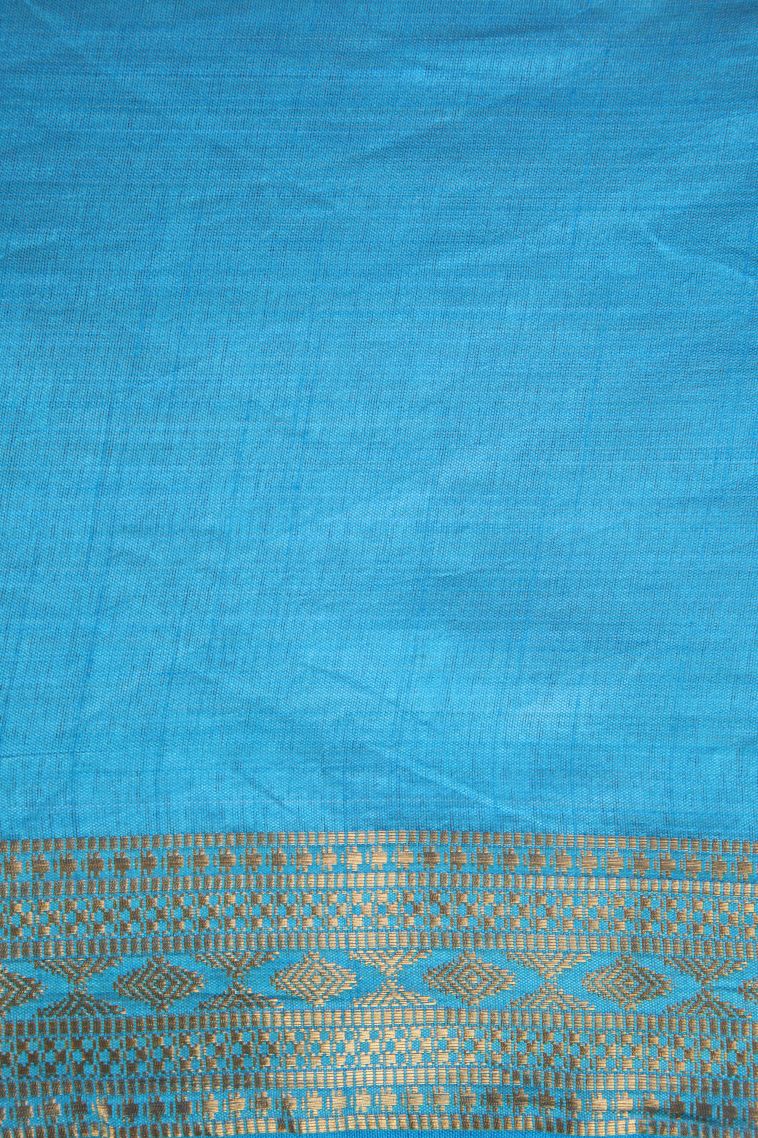 Cerulean Blue Semi Raw Silk Printed Gold Zari with Leaf Pattern view 3
