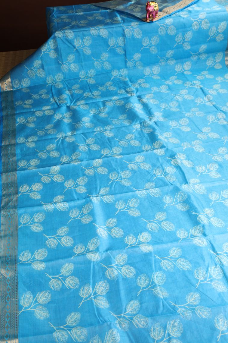 Cerulean Blue Semi Raw Silk Printed Gold Zari with Leaf Pattern view 2