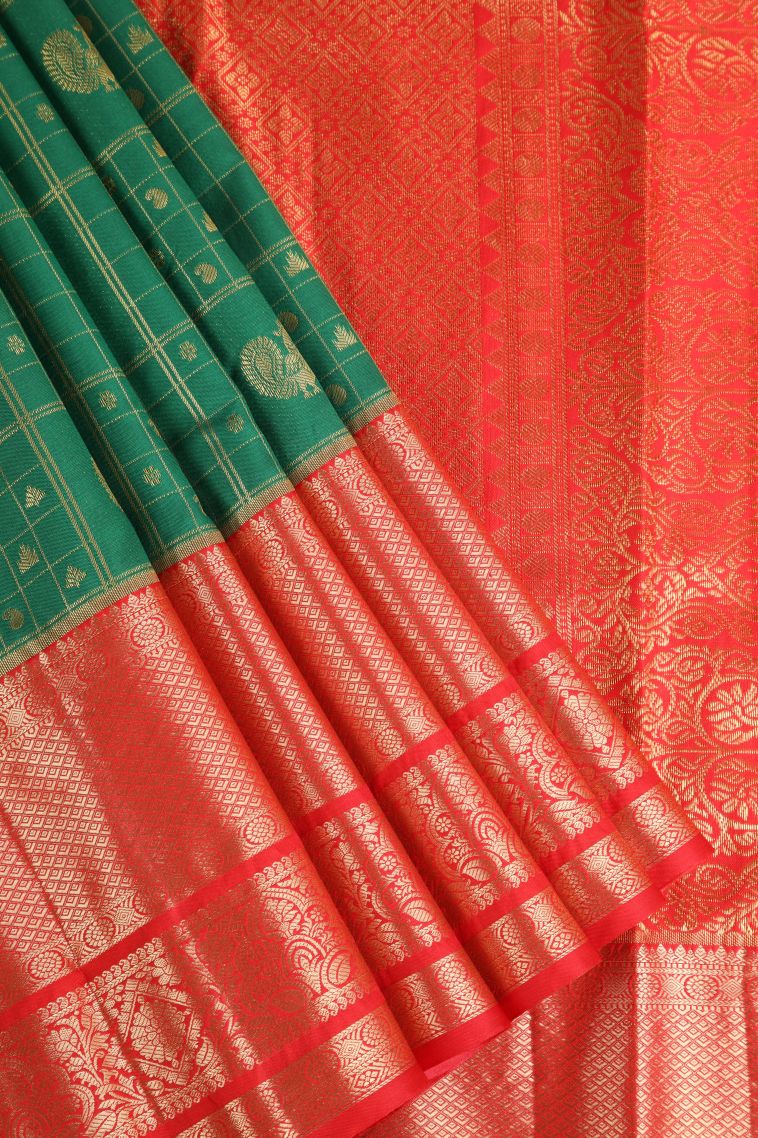 Bottle Green Apoorva Silk Sarees with Copper Zari Checks And Puttas