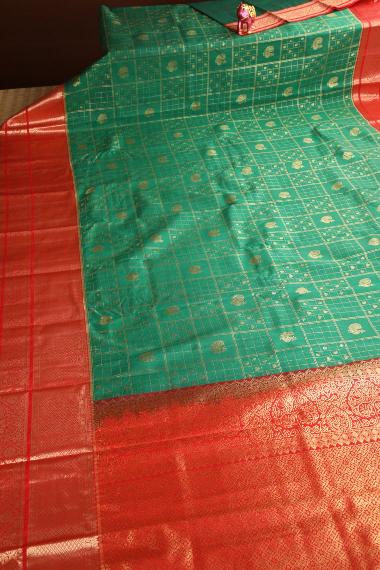 Bottle Green Apoorva Silk Sarees with Copper Zari Checks And Puttas view 2