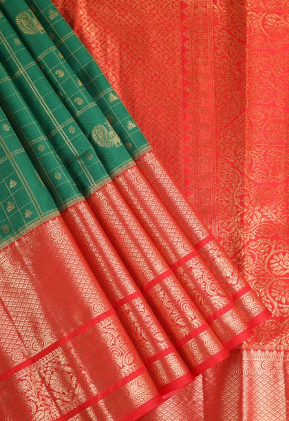 Bottle Green Apoorva Silk Sarees with Copper Zari Checks And Puttas