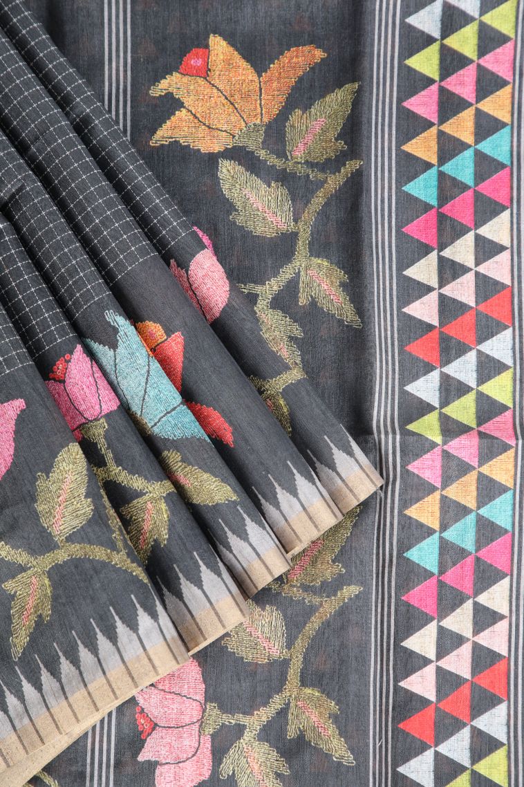 Jungle Black Raw Silk Sarees Without Zari With Small Checks Pattern