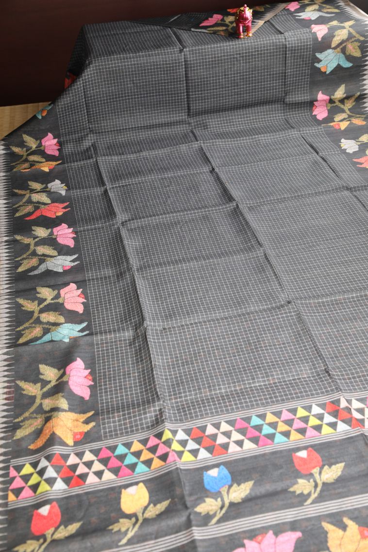 Jungle Black Raw Silk Sarees Without Zari With Small Checks Pattern view 2
