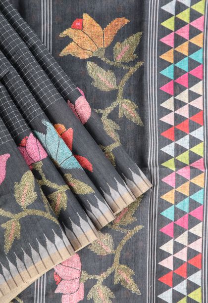 Jungle Black Raw Silk Sarees Without Zari With Small Checks Pattern