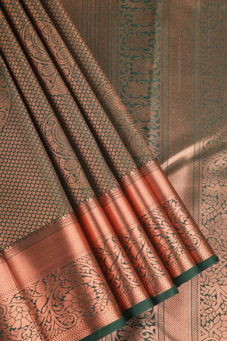 Bottle Green Apoorva Silk Sarees with Copper Zari Floral Puttas view 1