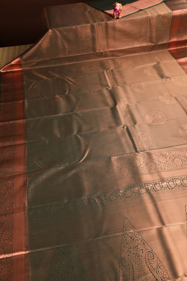 Bottle Green Apoorva Silk Sarees with Copper Zari Floral Puttas view 2