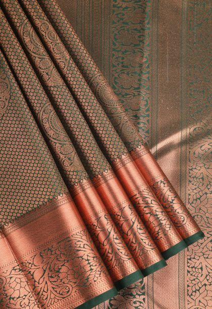 Bottle Green Apoorva Silk Sarees with Copper Zari Floral Puttas