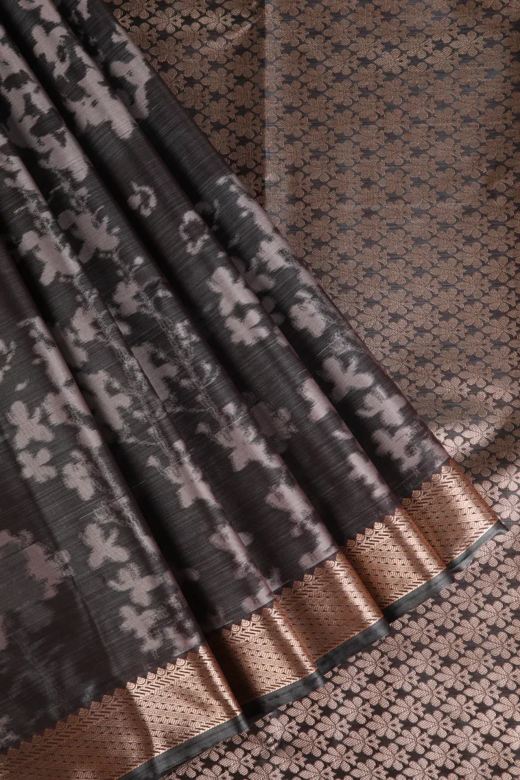 Abbey Black Soft Silk Sarees with Bronze Zari Floral Patterns