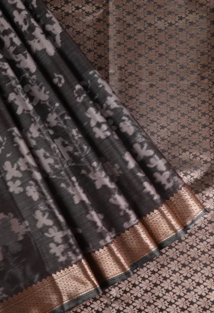 Abbey Black Soft Silk Sarees with Bronze Zari Floral Patterns