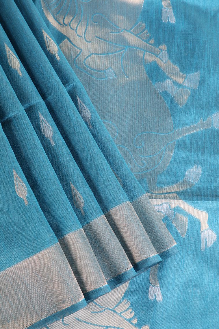 Cerulean Blue Raw Silk Sarees with Copper Zari Puttas