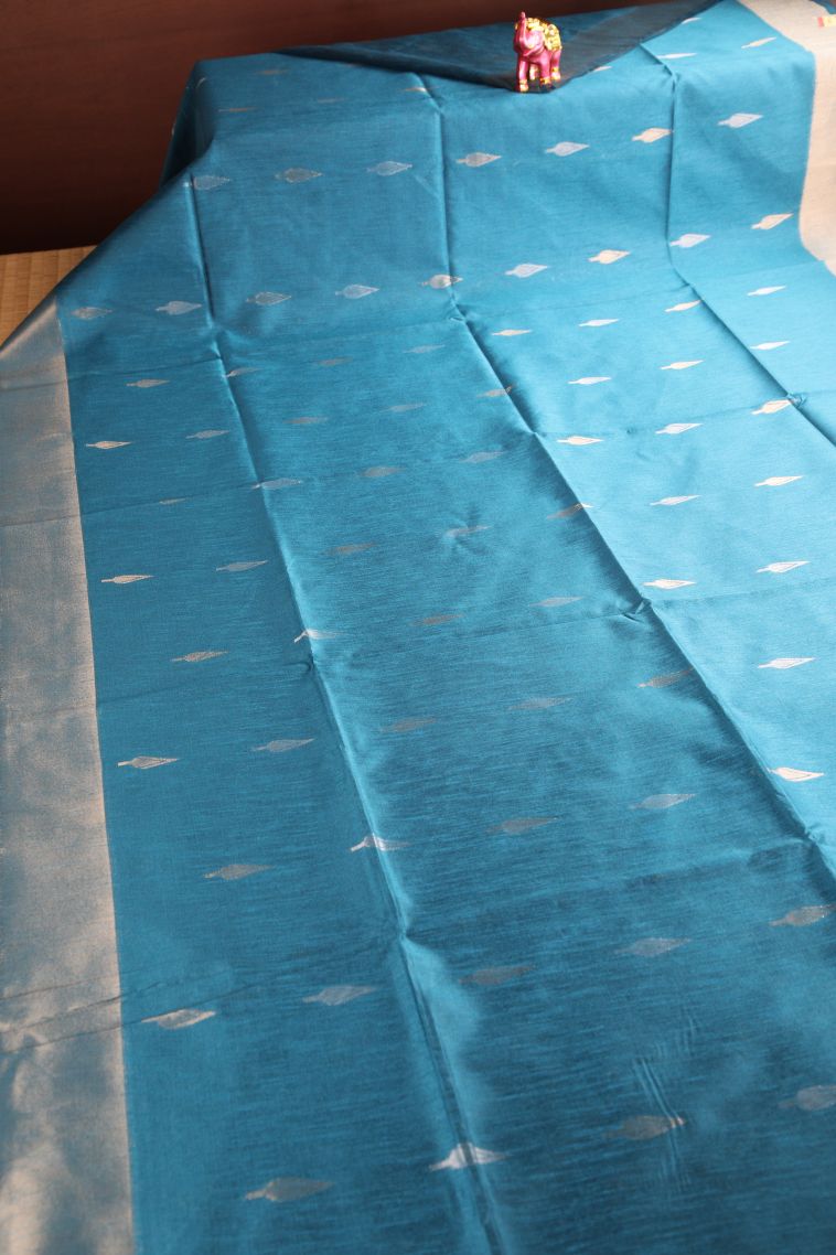 Cerulean Blue Raw Silk Sarees with Copper Zari Puttas view 2
