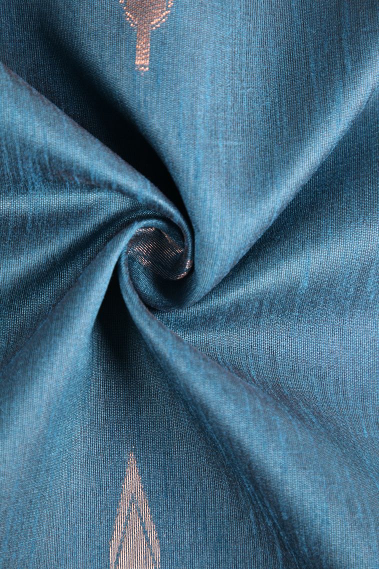 Cerulean Blue Raw Silk Sarees with Copper Zari Puttas view 4